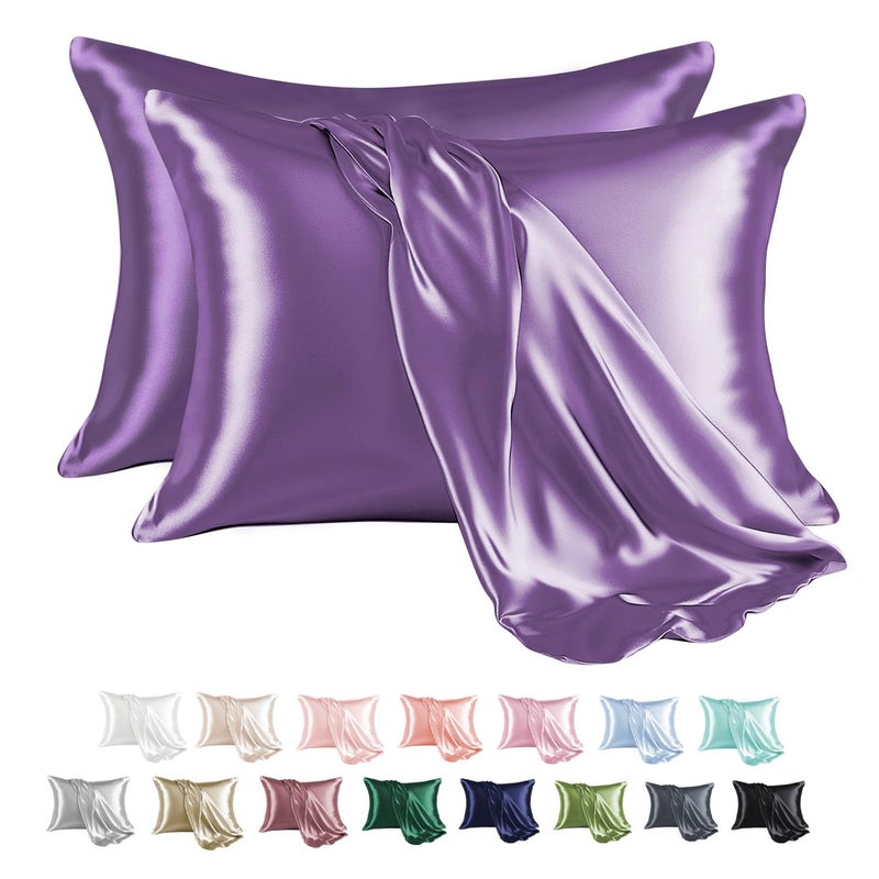 MR&HM Satin Pillowcase for Hair and Skin, Silk Satin Pillowcase 2 Pack, Standard Size Pillow Cases Set of 2, Silky Pillow Cover with Envelope Closure (20x26, Lavender) - Image 1